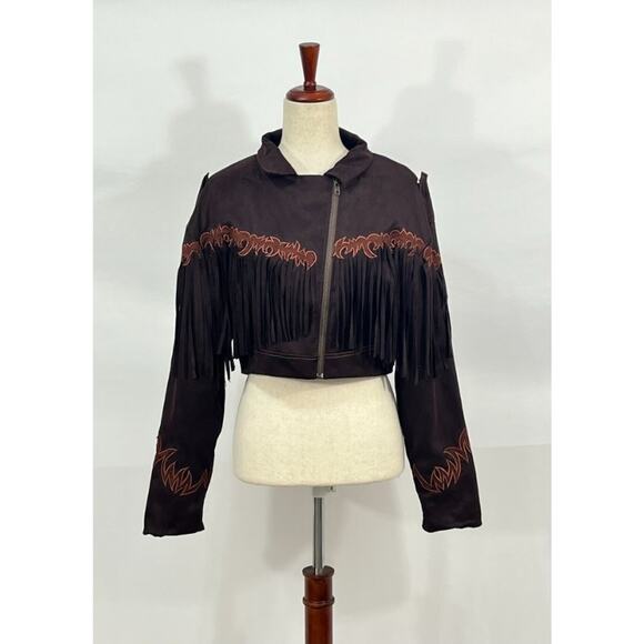 INTO GAIA Sz L Large Cosmic Feelings Vegan Suede Tassel Jacket Crop NWT - Picture 2 of 14
